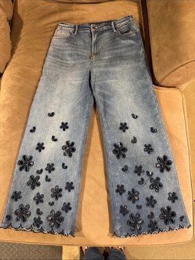 Oh Light Blue Wide-Leg Jeans with Navy Floral Appliqués